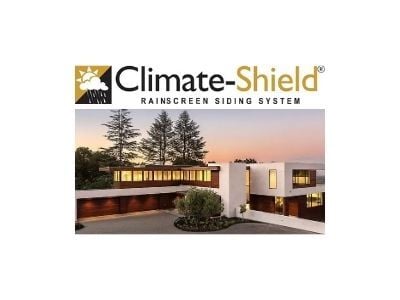 The Climate-Shield Rainscreen Siding System logo highlights an elegant custom home featuring beautiful FSC Machiche wood as advanced rainscreen siding.