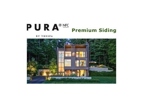  The Pura NFC Premium Siding by Trespa logo is above a luxury modern home with Pura NFC Wood Décor siding. Nestled in a green Vermont forest, this home showcases the beauty of Trespa.