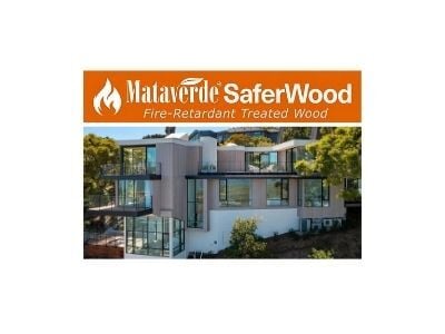  The Mataverde SaferWood logo, featuring a flame icon, sits above a luxury home showcasing Mataverde SaferWood siding. This elegant residence demonstrates the beauty and safety of using fire-resistant building materials.