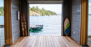 Mataverde SaferWood Thermally Modified Hemlock Decking in boathouse on lake