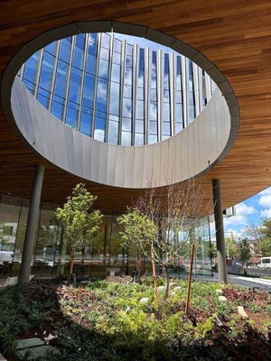 Mataverde SaferWood ThermaWood FR fire retardant treated Wood Ceiling Soffit with Climate-Shield rainscreen fasteners photo courtesy of T. J. McCartney, Inc